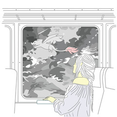 Vector sketch illustration of girl looking at dragon in train window