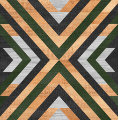 Colorful wooden panel with geometric tribal pattern in boho style. Wood texture.