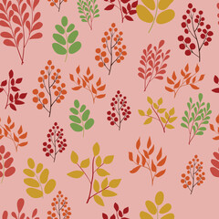 Seamless pattern of autumn herbs, branches with leaves and berries. Vector