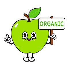 Cute funny green apple with an inscription organic character. Vector hand drawn traditional cartoon vintage, retro, kawaii character illustration icon. Isolated background. Green apple