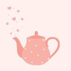 Pink teapot with hot black tea illustration. Vector kettle for template and poster print in pink style.