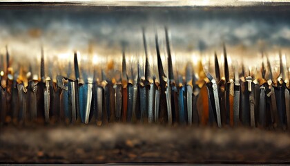 An abstract close up of detailed pattern sword blade designs forming a beautiful medieval / viking / celtic druid style background. A.I. generated art.
