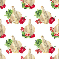 Seamless pattern with parsley, sweet pepper, tomatoes and a wooden cutting board. Bright background for kitchen, wallpaper and textiles. Watercolor drawing of juicy vegetables.