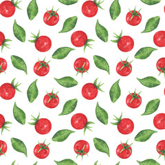 Fototapeta na wymiar Seamless pattern with tomatoes and green basil. Bright background for kitchen, wallpaper and textiles. Watercolor drawing of juicy red cherry and green leaves.