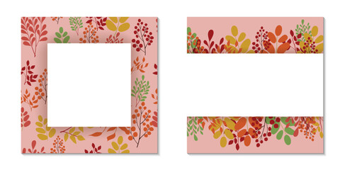 Vector templates for invitations, congratulations. Autumn theme. Leaves, branches, herbs and berries in warm autumn colors