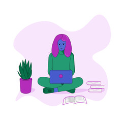 A girl with pink hair and purple skin in a green sweater and green pants sits with a purple laptop on the floor. There are books and a flower nearby. Online work. Online education.Web