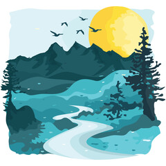 Mountain and river panorama vector illustration