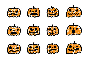 Halloween pumpkins icons set. Color contour line ink drawing. Front view. Vector simple flat graphic hand drawn illustration. Isolated object on a white background. Isolate.