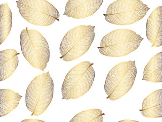 Vector illustration of gold leaves. Patterns of skeletal leaf cells, foliage branches, leaf veins for creative banner design.