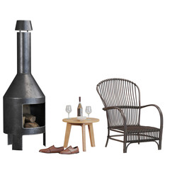 3d rendering of a wooden chair next to a wood stove