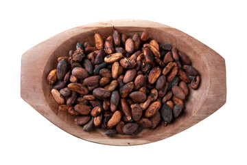 Wooden bowl with cocoa beans