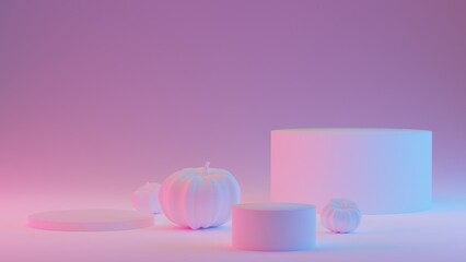 Halloween minimal scene with pumpkins and podium platforms with neon lights on pastel background. Stand to show products. Stage showcase on pedestal. 3d rendering.