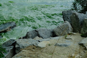 
Sunny day at an artificial quarry with emerald water. A beautiful location for a picnic and outdoor recreation, a stone shore, a deep quarry, a place for fishing