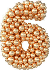Golden 3d number 6 made of golden spheres or bubbles. Png numeral for celebrating sixth anniversary event party. 3d render