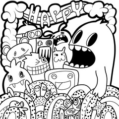 Hand-drawn illustrations, monsters doodle, Hand Drawn cartoon monster illustration,Cartoon crowd doodle hand-drawn Doodle style.black and white stripes coloring  book