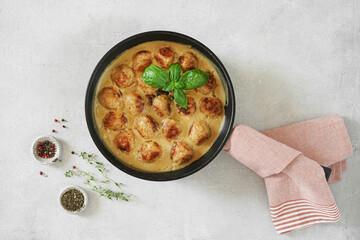 Homemade Meatballs in Sauce, top view, basil