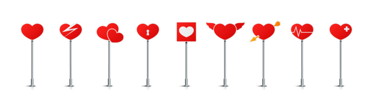 Vector illustration of heart shape road signs isolated on white background. Set of red heart traffic signs icons. Collection of realistic traffic control signs on metal poles. 
