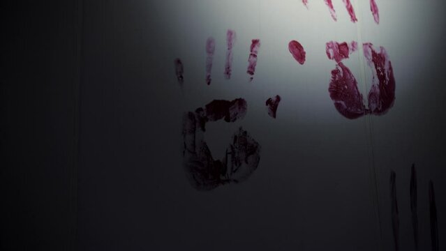 bloody handprints on a white wall in the dark