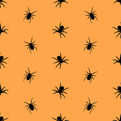 Halloween yellow seamless pattern made up many spiders and cobweb. Ornamental paper design. Holiday endless repeating texture for printing on package, wrapper, envelopes, cards, clothes, accessories. 
