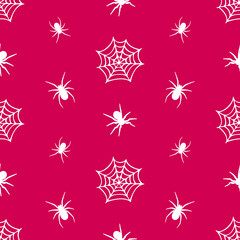 Ornamental paper design. Pink Halloween seamless pattern made up many spiders and cobweb. Holiday endless repeating texture for printing on package, wrapper, envelopes, cards, clothes, accessories.