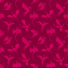 Seamless pattern made up of pink dragons and wyverns. Endless repeating monochrome texture for printing on package, gift paper, wrappers, textile, envelopes, cards or cloth.
