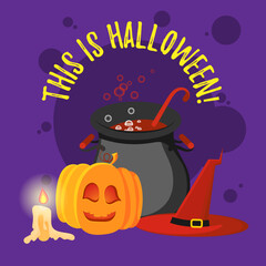 Vector Happy Halloween poster, Witch hat, pot, pumpkin and candle. Cartoon collection with holiday decorations. Funny Halloween greeting card.