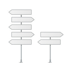 Vector illustration of blank road signs isolated on white background. Set of traffic signs with place for text. Collection of realistic white traffic control signs on metal poles. 