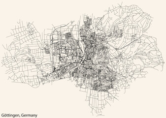 Fototapeta na wymiar Detailed navigation black lines urban street roads map of the German regional capital city of GÖTTINGEN, GERMANY on vintage beige background