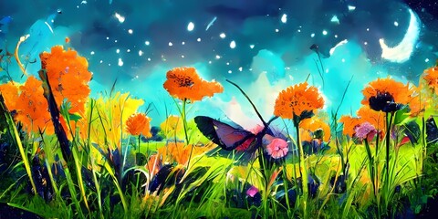 Fototapeta na wymiar Blooming meadow with grass flowers and butterflies Ni 