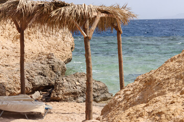 Rocky shore of the Red Sea in Egypt. Canopy of palm leaves on the shore of the Red Sea