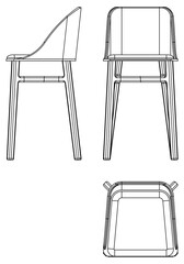 Chair isolated lines on white background, vector illustration. Front, side, top view. Set of different views of modern chair
