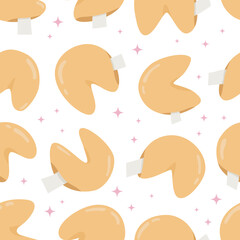 Seamless pattern with Chinese fortune cookies on white background. New Year's Divination. Cartoon food. Vector illustration.