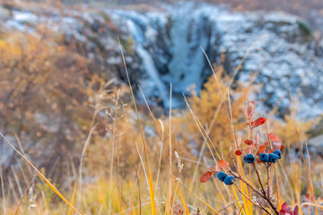 der Wasserfall, Fardagafoss, ist sehr schön auf dem Berg im Osten von Island gelegen, umgeben von vielen Blaubeeren