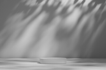Minimal white cylinder pedestal or podium for product showcase.  Blank mockup background. Empty stage. 3d render illustration. Leaf shadow