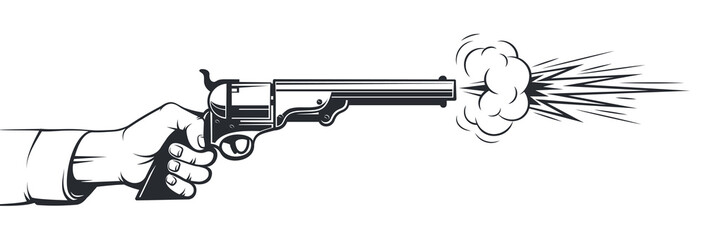 Hand with a gun shoots. Shot from a cowboy pistol. vector retro illustration.