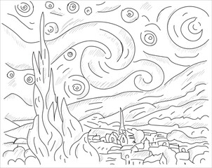 Coloring page with "The Starry Night" based on Vincent van Gogh's painting.	