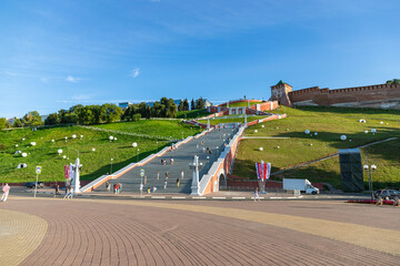 NIZHNIY NOVGOROD, RUSSIA - AUGUST 18, 2022: Chkalov ladder or Volzhskaya staircase is a staircase in Nizhny Novgorod, which connects the Upper Volga and the Lower Volga embankment