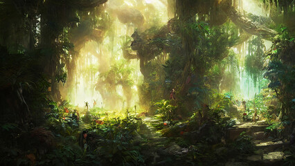 sun rays in the tropical forest, magical forest