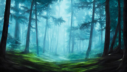 Obraz premium misty morning in the forest in blue scheme of color