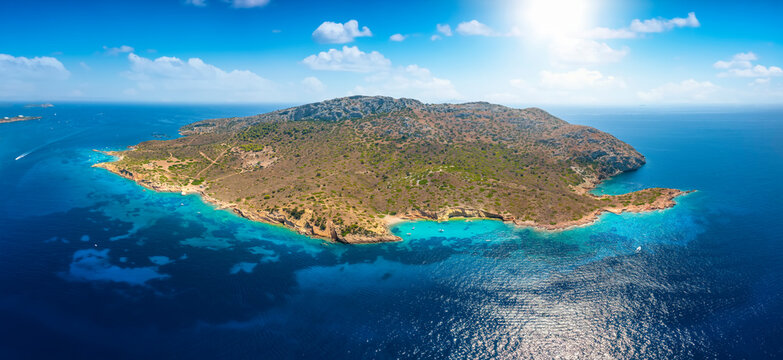 Panoramic aerial view of Patroklos island, Attica, Greece, popular weekend destination with fine beches and turquoise sea