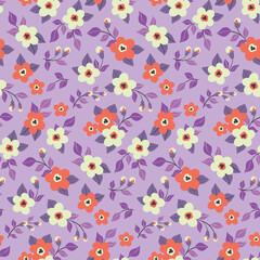 Seamless floral pattern, cute retro style ditsy print with flowers meadow. Botanical background design with small drawing plants, flowers, leaves in an abstract composition on a purple field. Vector.