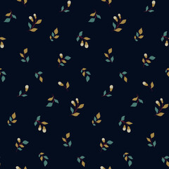 Seamless botanical pattern with small autumn botany on a dark background. Decorative floral print with little leaves and berries twigs in an abstract composition. Vector illustration.