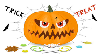 Halloween pumpkin on a white background, orange pumpkin with different shapes and faces. Vector illustration.