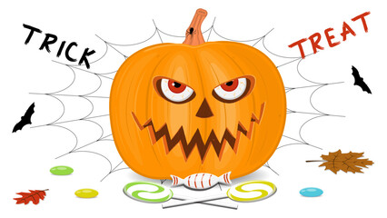 Halloween pumpkin on a white background, orange pumpkin with different shapes and faces. Vector illustration.