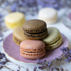 Mix of appetizing macarons on white table decorated with blurred flowers. Dry flowers. Greeting card. Food background. 