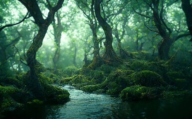 A Flowing River In An Old Mysterious Forest