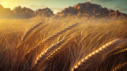 Golden wheat field, ears of wheat close up background