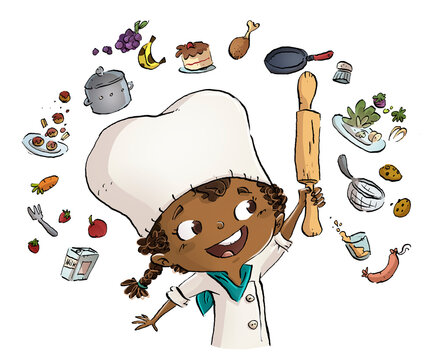 Cooking girl illustration with ingredients
