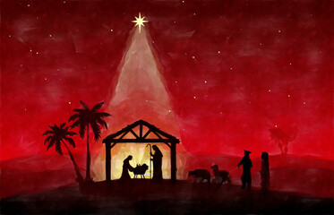 Red Christmas Nativity Scene background. Watercolor painting sketch. Greeting card background.
