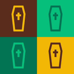 Pop art Coffin with christian cross icon isolated on color background. Happy Halloween party. Vector